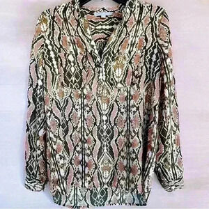 NY Collection Women’s Snakeskin Design Pink Brown Long Sleeve Sheer Button Up S
